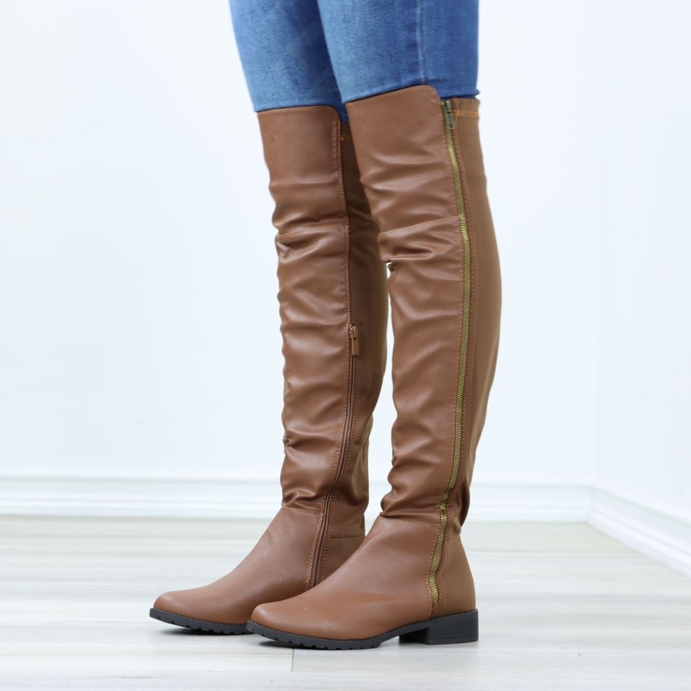 Tan Thigh High Over The Knee Faux Leather & Stretchy Material Low Heel Boot_12